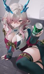 1girl absurdres arknights arknights  endfield arm support black skirt black thighhighs blue horns breasts can cleavage …