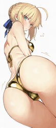 1girl absurdres ahoge artoria pendragon (fate) ass back bare shoulders bikini blonde hair blue bow blue eyes blush bow …