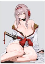 1girl absurdres bare shoulders border breasts cleavage commentary goddess of victory  nikke grey background grey hair h…