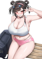 1girl absurdres alternate breast size (larger) armpits bag black hair breasts buruma cleavage commentary erorange godde…