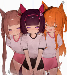 3girls animal ears black buruma black hair black tail blush brown hair brown tail buruma closed mouth ear covers gym sh…