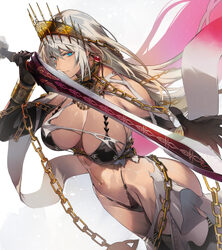 1girl abs absurdres armor bare shoulders bikini bikini armor black bikini black gloves black thighhighs blue eyes breas…