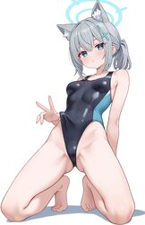 1girl absurdres animal ear fluff animal ears ass visible through thighs barefoot black one-piece swimsuit blue archive …