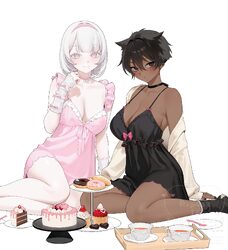 2girls albino black negligee breasts cake cake slice choker commentary request cup dark-skinned female dark skin donut …
