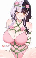 1girl absurdres anska arms behind back black hair blunt bangs breasts cleavage closed mouth commentary covered navel fl…