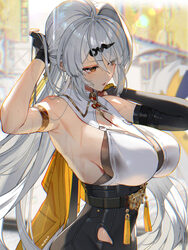 1girl armlet armpits asymmetrical gloves black gloves breasts cleavage commentary request duplicate elbow gloves finger…