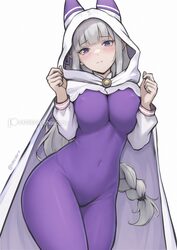 1girl absurdres animal hood artist name blue pupils blunt bangs blush bodysuit braid breasts breasts squeezed together …