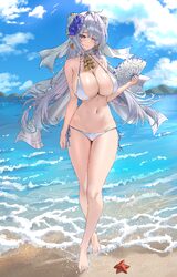 1girl absurdres alternate costume ascot beach bikini blue sky blush breasts closed mouth commentary day flower full bod…