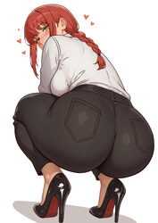 1girl absurdres ankle ass black pants blush braid braided ponytail breasts chainsaw man collared shirt commentary engli…