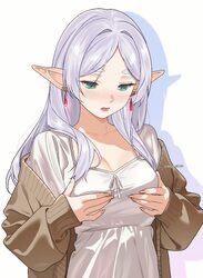 1girl blush breasts brown cardigan cardigan dress earrings elf frieren grabbing own breast green eyes highres jewelry l…