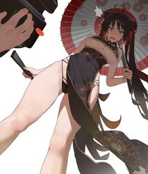 1boy 1girl absurdres black dress black hair black panties blush breasts camera chinese clothes clothing aside commentar…