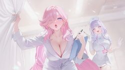 2girls azur lane blush breasts cardiogram cleavage clipboard curtain grab curtains dress elbow gloves eyelashes flower …