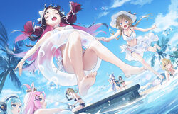 6+girls absurdres aino (genshin impact) air bubble alternate costume barefoot beach bikini black bikini black hair blon…
