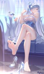 1girl absurdres arm cuffs bare shoulders barefoot blue eyes breasts cinderella (glass princess) (nikke) cinderella (nik…