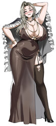 1girl arm behind head armpits black garter straps black thighhighs breasts brown dress cleavage commentary request curt…