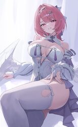 1girl absurdres bare shoulders blush breasts breasts apart commentary request detached sleeves dress feathered wings go…