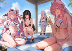 4girls aemeath (wuthering waves) ahoge alternate costume ball beachball bikini black bikini black bow black hair black …