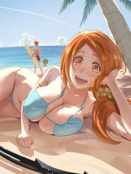 1boy 1girl 1other beach bikini bleach blue bikini blush breasts brown eyes cleavage cloud commentary contrail couple en…