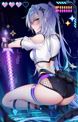1girl ass bare shoulders black boots black shorts boots breasts clothing cutout commentary crop top english commentary …