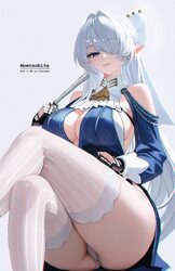 1girl absurdres ascot ass bare shoulders black gloves blue dress breasts center opening cleavage closed mouth commentar…