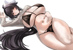 1girl azur lane black hair bow bra breasts brown eyes clothes lift commentary request extra ears hair ears hair flaps h…