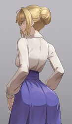 1girl absurdres ahoge artoria pendragon (fate) ass blonde hair blouse blue skirt braid braided base breasts bun with br…