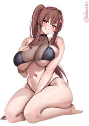 1girl artist name barefoot between legs bikini black bikini blush breasts brown eyes brown hair commentary request cove…