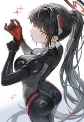 1girl absurdres adjusting clothes adjusting gloves ariko (aaaaarik) ass black bodysuit black hair black halo blue archi…