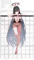 1girl absurdres against glass alternate costume anyak05 arm rest bare arms bare legs barefoot bikini black bikini black…