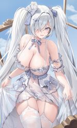 1girl absurdres bare shoulders blue eyes blue sky breasts cinderella (glass princess) (nikke) cinderella (nikke) cleava…