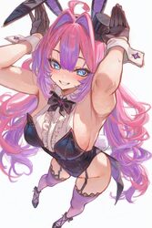1girl animal ears armpits black bow black bowtie black garter straps black leotard black shoes blue eyes bow bowtie bre…