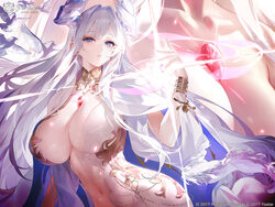 1girl an yasuri azur lane bird breasts cleavage commentary request crystal horns dress gem gold collar grey hair hand u…