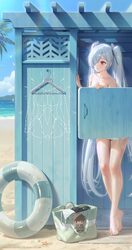 1girl absurdres alternate costume barefoot basket beach bird blue sky cinderella (nikke) clam shell clothes hanger clou…