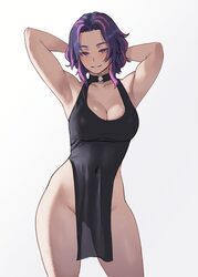 1girl armpits arms behind head black dress boku no hero academia breasts cleavage cleavage cutout clothing cutout colla…