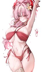 1girl armpits arms up bikini blue archive blush breasts commentary demon horns earrings fingernails groin halo halterne…