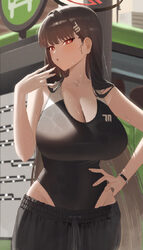 1girl  o absurdres alternate costume bare arms bare shoulders black hair black halo black one-piece swimsuit black shor…