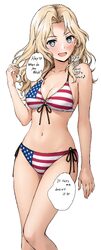 1girl american flag american flag bikini american flag print arm at side arm up bikini blue eyes blush breasts cleavage…