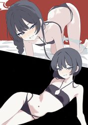 1girl all fours bare shoulders bikini black bikini black hair blue archive blush breasts commentary grin halo highres k…