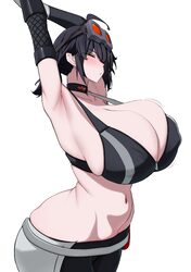 1girl absurdres alternate breast size (larger) ass asymmetrical gloves black choker black hair black sports bra breasts…
