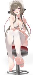 1girl absurdres bare shoulders blue eyes bra breasts commentary feet foot focus from below genshin impact grey hair hig…