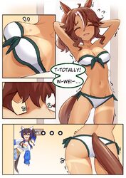 ... 2girls alternate costume animal ears arms up ass bandeau bikini blue hair blue streaks blue sweater blush breasts b…