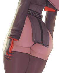 1girl ass ass focus black gloves black jacket black panties black skirt brown thighhighs commentary english commentary …
