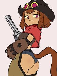 1girl  3 absurdres animal ears ass backless pants breasts brown hair cat girl cat tail chaps commentary cowboy hat crop…