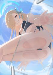 1girl absurdres ass asuna (blue archive) bikini black bikini blonde hair blue archive blue eyes blue halo blue sky brea…