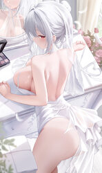 1girl absurdres ass azur lane bare shoulders blush breasts bridal veil commentary dress flower grey hair highres large …