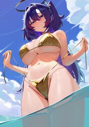 1girl absurdres bare arms bikini blue archive blue eyes blue hair blue sky blush breasts cleavage closed mouth cloud cl…