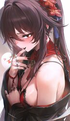 1girl bad id bad twitter id boo tao (genshin impact) bra breasts brown hair commentary flower genshin impact ghost grey…