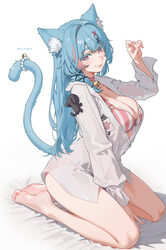 1girl absurdres animal ear fluff animal ears artist name barefoot bikini blue hair breasts cat ears cat girl cat tail c…