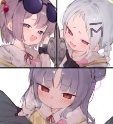 3girls 3koma  d black gloves blue archive blue eyes blush comic eyewear on head fingerless gloves gloves grey hair hair…