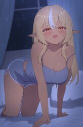 1girl all fours blonde hair blush breasts camisole cleavage commentary curtains dark-skinned female dark elf dark skin …